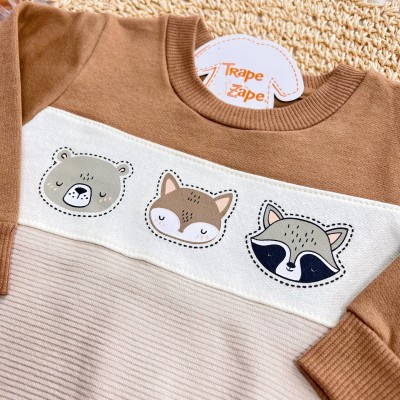 Conj. Casaco Bichinhos da Floresta e Calça de Moletom - Areia